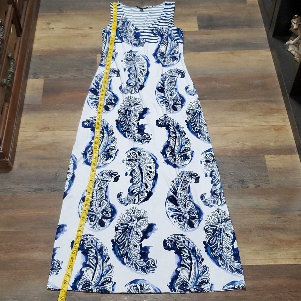 Tommy Bahama split side stretch maxi dress blue paisley feather pattern
